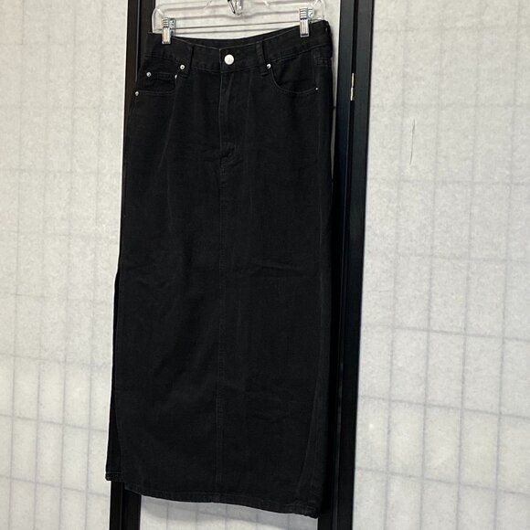 Shein Black Denim Pencil Skirt 6 Midi High Side Slit Stretch Jeans - Picture 6 of 14